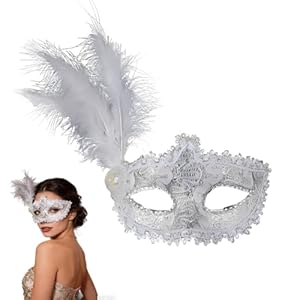 LuLiyLdJ Venezianische Maske für Damen mit Federn, Augenmaske aus Spitze mit Pailletten und Perlen, Maske für Maskenball Halloween Cosplay Mardi Gras Karneval Kostüm Party