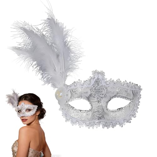 LuLiyLdJ Masque Vénitien pour Femme avec Plumes, Masque pour les Yeux en Dentelle avec Paillettes et Perles, Masque pour Bal Masqué Halloween Cosplay Mardi...