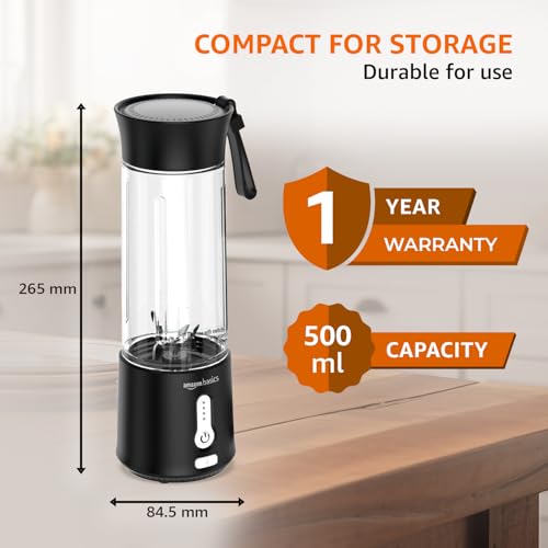 Image of Amazon Basics Portable Hand Blender for Smoothies and Juices | Pulse Mode | USB Rechargeable | 6 Stainless Steel Blades | 500 ml Jar | 1 year Warranty | 2x2000 mAh Batteries (Black)