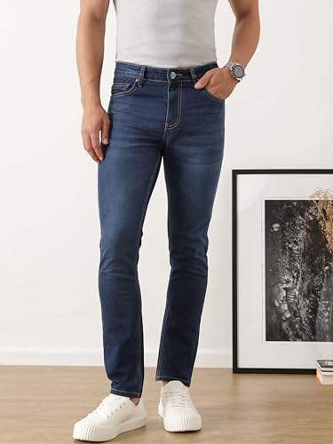 Image of Thomas Scott Men's Comfort Skinny Fit Stretchable Jeans | Medium Shade Light Fade Clean Look Denim | 5 Pocket Design | Casual Skinny Jeans for Men