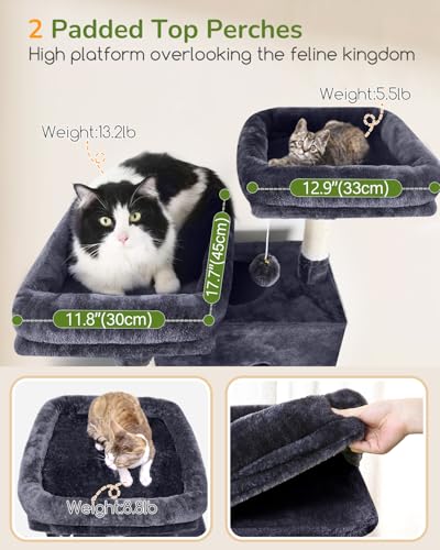 Image of Globlazer Heavy Duty Cat Tree Tower 80in Tall Extra Large Cat Tree Tower for Multiple Indoor Cats Large Adult with Scratching Posts, 2 Spacious Condos, Padded Perches, Soft Hammock, S80B, Dark Grey