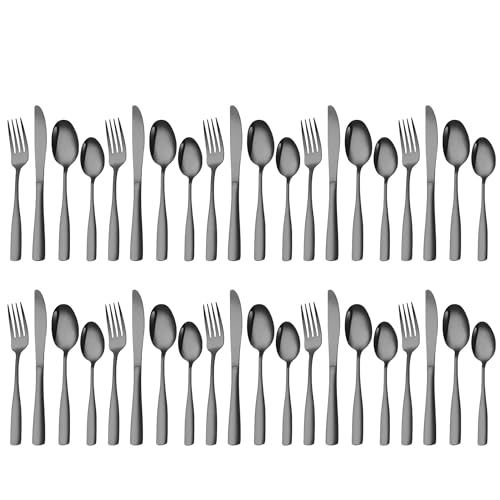 Image of aDai Charcoal Black Silverware Set, Satin Finish | 40-Piece Stainless Steel Flatware Set | Dishwasher Safe Kitchen Cutlery for Home, Restaurant & Gifting