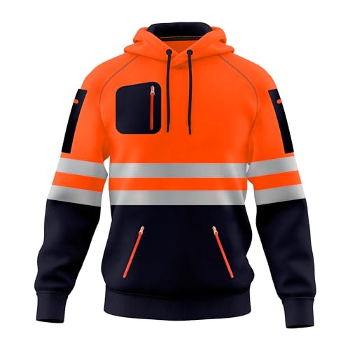 Męska odzież robocza Hi Vis bluza z kapturem bezpieczeństwa bluza odblaskowa taśma wysoka widoczność bluza z kapturem wysoka widoczność bluza top wiele kieszeni na zamek błyskawiczny S-2XL, Orange