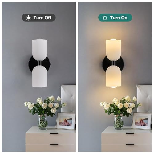 Image of Black Wall Sconces Set of Two Modern LED Bedside Reading Wall Light Fixture with Glass Wall Lamp for Bedroom Living Room Dining Room Reading Room Hallway(2-Light)