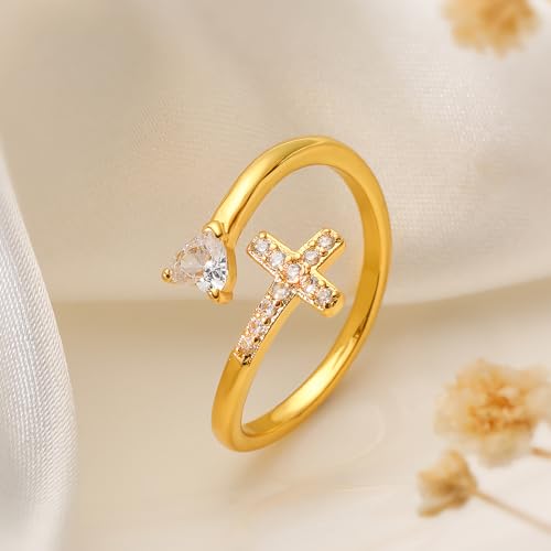14K Gold Plated CZ Cross Heart Ring Eternity Promise Jewelry for Her2