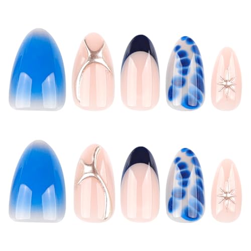 Image of Blue Press on Nails French Tip Fake Nails Short Almond False Nail with Alligator Print Design Blue Ombre Glue on NailsAcrylic Nail Full Cover Silver Star Stick on Nail for Women Manicure 24Pcs