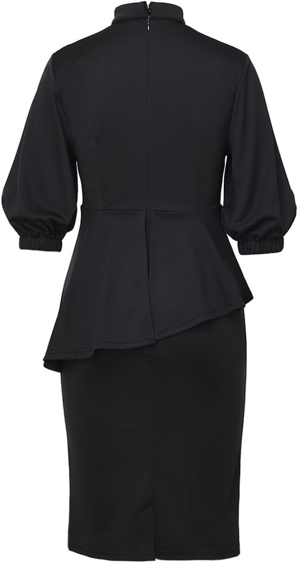 Church Clergy Dress for Women 3/4 Sleeve Irregular Ruffle Pencil Dress with Tab Collar - Image 5