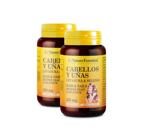 Nature Essential | Cabellos y Uñas 225 mg | Pack 2 Unidades | 90 Cápsulas | Levadura + Selenio | Ayuda a Fortalecer y Frenar la Caída del Cabello | Ayuda a Reforzar las Uñas Débiles y Quebradizas