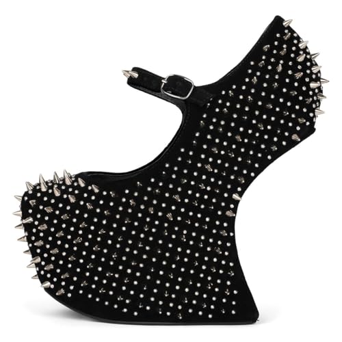 FSJ Women Spikes Wedge Heel Pumps Rivet Studded Covered Ultra High Platform Closed Round Toe Ankle Strap Shoes for Sexy Party Events Size 4-16 US2