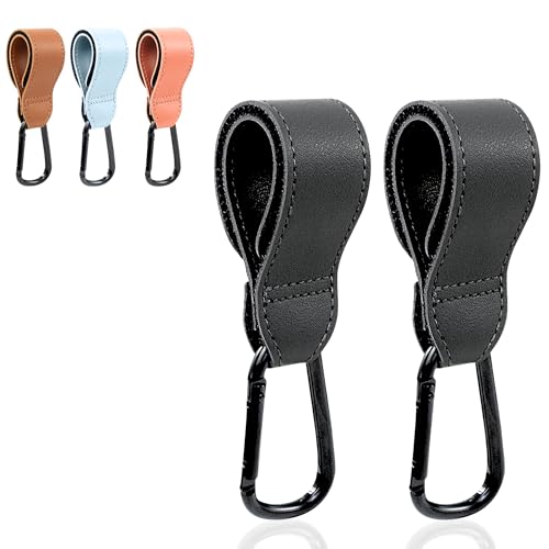 BABALUU Pack Ganchos Carro Bebe Cuero – 2 Enganches – Soportan hasta 20kg de peso - Mosquetón Carrito Bebe – Accesorios para Silla de Paseo para colgar Bolso, Mochila, Bolsas (Negro)