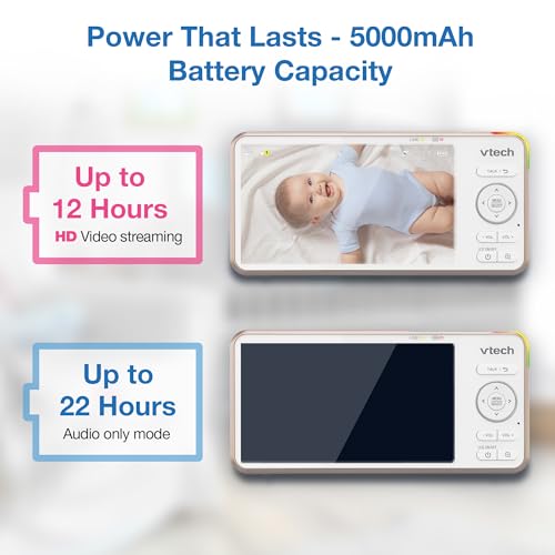 VTech V-Care VC2105 1080p FHD Over-The Crib Mount Smart Baby Monitor 5” 720p LCD Screen,Table Stand,Remote Access,Versatile Placement,Intelligence Detection, Sleep Analysis,18hrs Recording,with WiFi