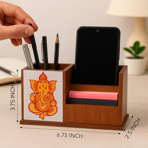 Image of Handcrafted Wooden Pen Holder & Mobile Stand | Desk Organizer for Office, Home & Study Table | Pen Pencil Stand with Card Holder (6.75x3.75x2.5 Inch) (Ganesha Harmony)