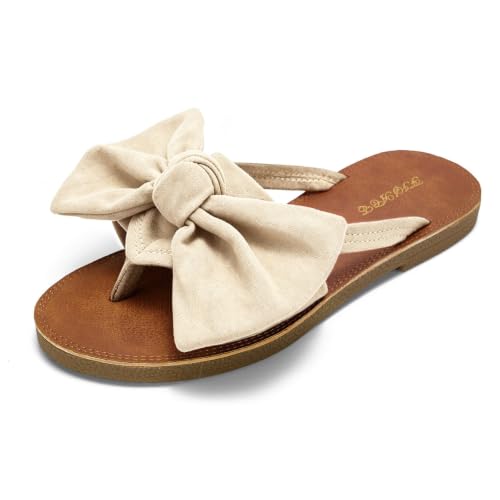 Image of FISACE Womens Bow Flat Sandals Flip Flops Slide Sandals Summer Beach Shoes