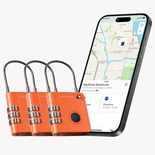Image of KeySmart SmartLock Tracking Luggage Locks, TSA Locks for Luggage, Combination Lock Compatible with Apple Find My App, Best Travel Essentials, Replaceable Non-Rechargeable Battery (Orange 3 Pack)