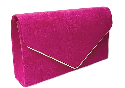 LeahWard Women's Faux Suede Clutch Bag Party Wedding Chain Shoulder Handbag (Fuchsia)
