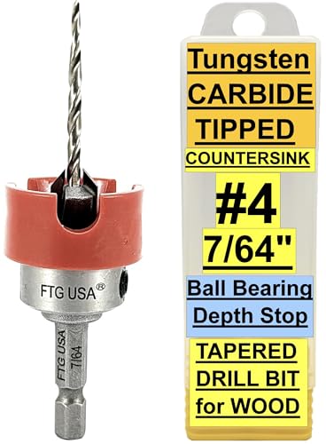 FTG USA #4 (7/64") TCT Tapered Wood Drill Countersink, No-Mar Bearing Stop
