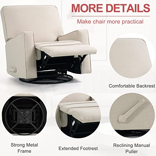 Easeland Swivel Rocker Recliner Chairs,Large Nursery Glider Chair With Manual Puller,360°Rotation Reclining Glider Chair With Linien Fabric,Modern Lounge Nursery Chair For Living Room,Bedroom(Beige) #TOP5