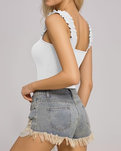 Image of MANGOPOP Tank Tops Bodysuit for Women Square Neck Sleeveless Ruffle Elastic Straps body suit shirts, White, XX-Large