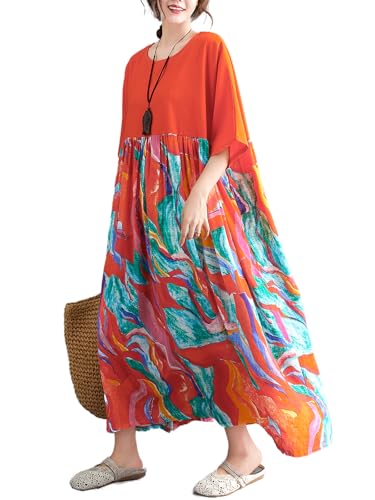 Image of Women's Oversized Dress Plus Size Summer Dress Artsy Print Pathwork | Loose, Oversized Cut Baggy Dresses. O Neck with Pockets. Breathable Viscose Fabric for Summer. Colorful Print Patchwork