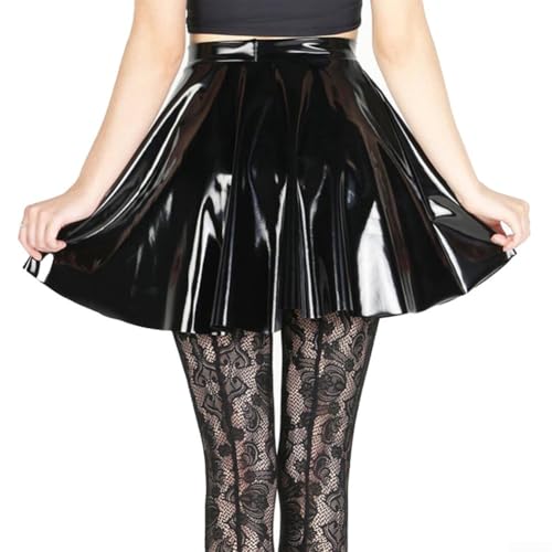 Jupe courte évasée plissée en cuir PVC pour femme, idéale pour les clubs, la danse et le quotidien avec une légère élasticité (taille L, noir)