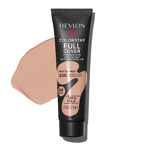 REVLON ColorStay Full Cover Foundation, Base de Maquillaje SPF10 con Cobertura Total y un Acabado Mate Profesional, Fórmula de Larga Duración 24H, Textura Ligera, Tono 220 Natural Beige, 30 ml