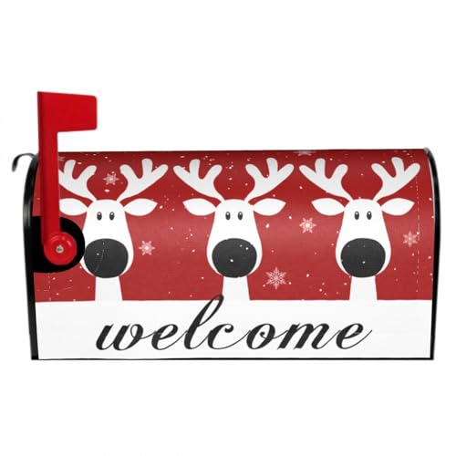 Image of Christmas Reindeer Mailbox Cover Magnetic, Welcome Winter Snowflakes Xmas Elk Mailbox Wrap, Standard Size 21x18 Inch Waterproof Letter Post Cover for Garden Yard Outdoor Outside Decor