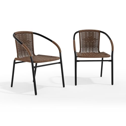 Image of EMMA + OLIVER Set of 2 Modern PE Rattan Stack Chairs, Indoor /Outdoor Patio Dining Chairs, No Assembly Required, Brown