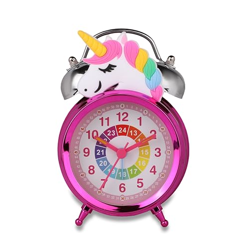 Image of De'rons Twin Bell Analog Table Alarm Clock with Backlight for Heavy Sleepers Alarm Clock for Students Funny Cute Cartoon Unicorn Shape Alarm Clock for Girls Kids Boys Bedroom 12 x 8 cm (Pink)