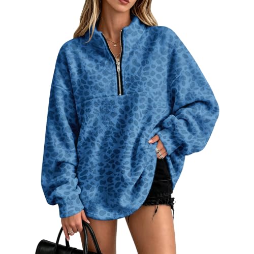Quarter Zip Pullover Women Leopard Flannel Sweatshirt Winter Pullover - image 1