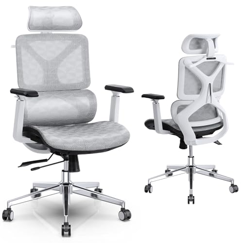 Ergonomic Office Chair, High Back Mesh Executive Chair with Lumbar Support, Adjustable Seat Depth, 3D Armrest & Headrest, Comfy Computer Desk Chair with Metal Base, for Gaming, Hotel, White