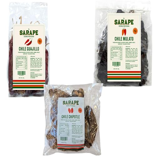 Pack de Chiles Secos Mexicanos El Sarape by Universabor 🌶️ | 100g Chile Mulato + 100g Chipotle + 100g Guajillo | Auténtico Sabor de México 🇲🇽