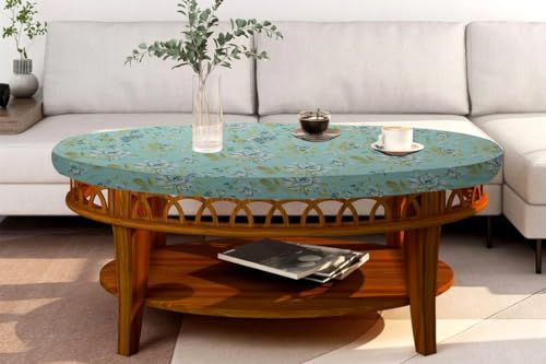 Image of The Furnishing Tree Elastic Cotton Oval Center Table Cover 18x60 in Inches Floral Golden Leaf on Blue Base