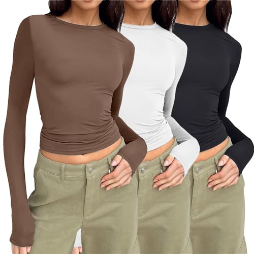 3 camisetas de manga larga para mujer, color liso, informal, cuello redondo, irregular, de elastano, café, XS