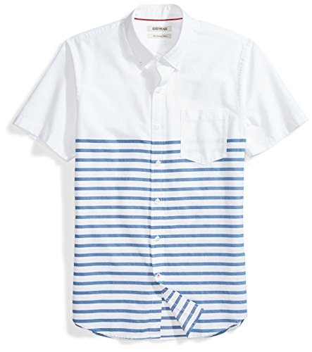 Amazon Brand - Goodthreads Men's Slim-Fit Short-Sleeve Solid Oxford Shirt with Pocket, White/Blue Stripes, Large
