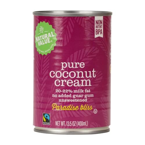 Natural Value Coconut Cream, Pure 20-22% Milk Fat,13.5oz (pack of 6) No added Guar Gum, Unsweetened, Gluten Free, Keto Friendly, Fairtrade, Vegan, Kosher, No Monkeys used in Harvesting
