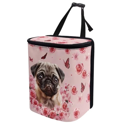Image of Talayituse Pug Dog Flower Print Car Trash Can, Portable Auto Garbage Bin Multifunctional Vehicle Interior Accessories with Adjustable Straps Universal Fit Truck SUV Sedan
