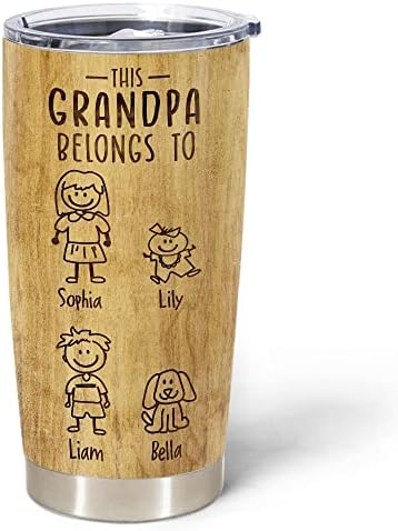 Unifury Personalized Grandpa Tumblers - Fathers Day Present For Grandpa Travel Mug - Grandfather Christmas Gift - Gifts For Granddad - Grandfather Gifts - This Grandpa Belongs To - 4 Kids