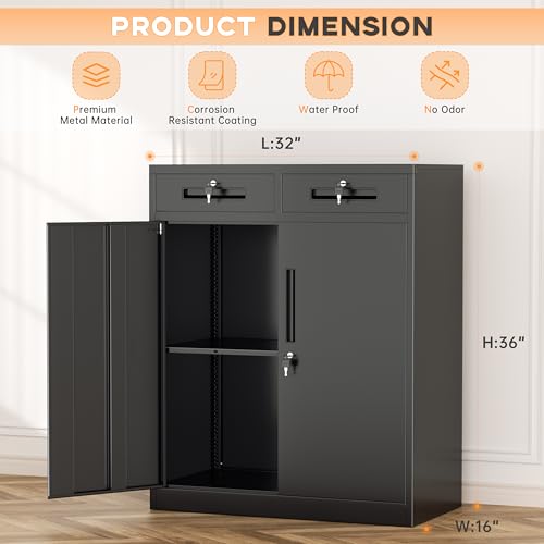 Image of INTERGREAT Metal Garage Storage Cabinets with Lock,Steel Storage Cabinet with Drawer and 2 Adjustable Shelves, Small Lockable Office Steel Cabinet for Home, Warehouse, School, Black