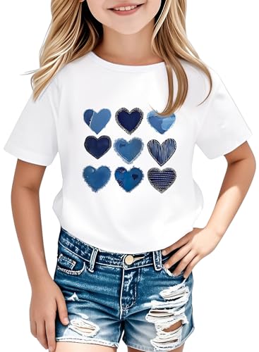 Toddler Baby Girl Heart Shirt - Kids Cute Graphic Tee Denim Short Sleeve Shirts Girls 2t 3t 4t Casual Birthday Top(White 120 1560b)