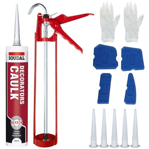 Decorators Lot de mastic blanc – Ensemble avec mastic blanc Soudal et mastic adhésif en silicone acrylique, pistolet à mastic, outil de lissage en silicone, buses de rechange, gants