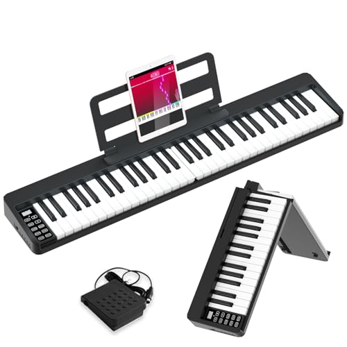 Jiawu Folding Piano Keyboard 61 Key Keyboards Electric Piano Full Size Keyboard Portable Digital Piano with Sustain Pedal Handbag Bluetooth USB MIDI for Beginner Adult (Black)