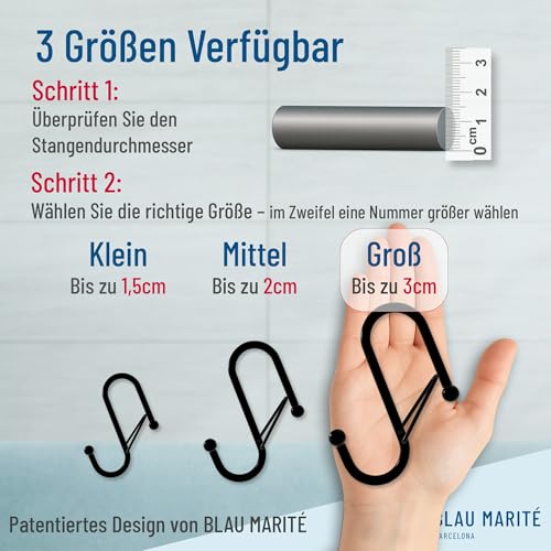 Blau Marité 6 Stück S Haken Groß für Stangen bis 3 cm Durchmesser – S Haken zum Einhängen Groß mit Sicherheitsschnalle – Haken für Kleiderstange & Garderobenstange – Metallhaken für Lagerung – Schwarz