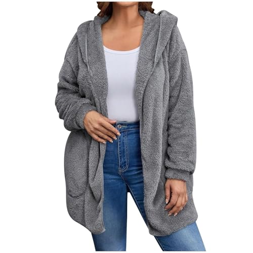Women's Oversized Fleece Hooded Cardigan Warm Open Front Sherpa Coat with Pockets