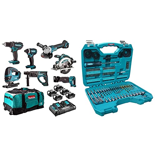 Ensemble de 7 machines DSS610 + DTD152 + DDF482 + DGA504 + DHR202 + DJR186 + DJV180 MAKITA DLX7013PT1 & Coffret 100 pcs Accessoires Embouts-Forets-Méches Cover