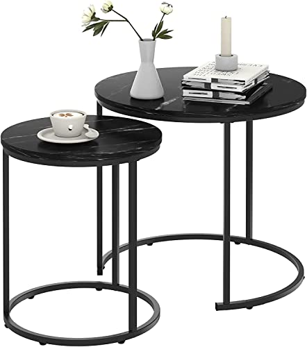 Image of Coffee Tables for Living Room - Small Round Coffee Table Set of 2, Center Table with Solid Wood Table Top and Sturdy Metal Frame, Nesting Tables for Small Spaces -Black