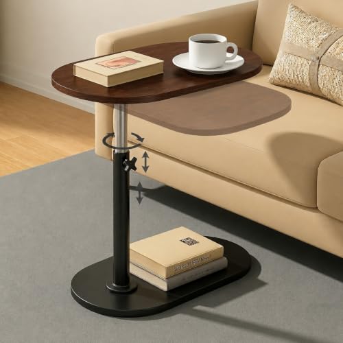 Image of Adjustable Table Stands Couch Side Table, Swivel TV Tray Table, 360 Top Moving C-Shaped End Table, Slides Under Couch Side Stand| (Black, Shinning (Natural)