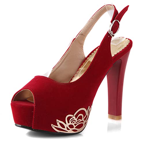 Gicoiz Mujer Tacón Ancho Zapatos Fiesta Peep Toe Plataforma Bomba Boda Sin Cordones Elegante Noche Slinback Bride Zapatos Rojo Talla 35 EU