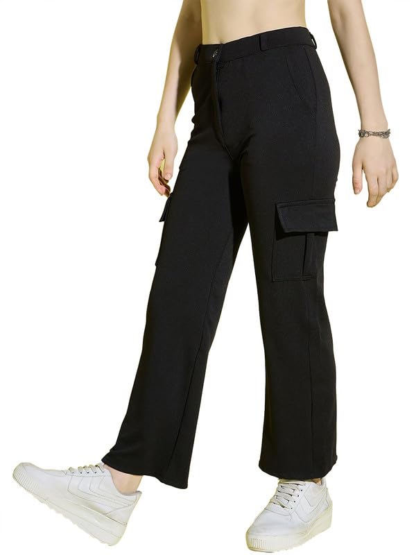 Women's High Waist Trouser Track Pant with Side Pocket Cargo Pant Parallel Leg for Casual Office Work wear (Rox 1)-image-35
