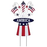 hogardeck 4th of July Decorations Outdoor, 31" Metal Patriotic Hat with Flag Star Rocket Decorative Garden Stakes for Fourth of July Decorations, Memorial Day Yard Signs for Garden Lawn Porch Decor