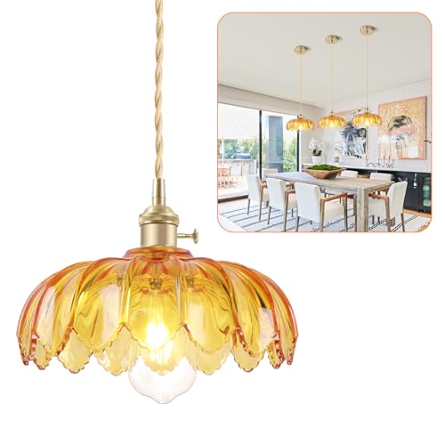 OURIFU Kitchen Island Pendant Lights, E26 Nordic Pendant Lamp 10.3“ Small Vintage Style Amber Glass Hanging Lighting Fixtures Over Dining Room Table for Bedroom,Bar,Over Sink UL Certified Lighting
